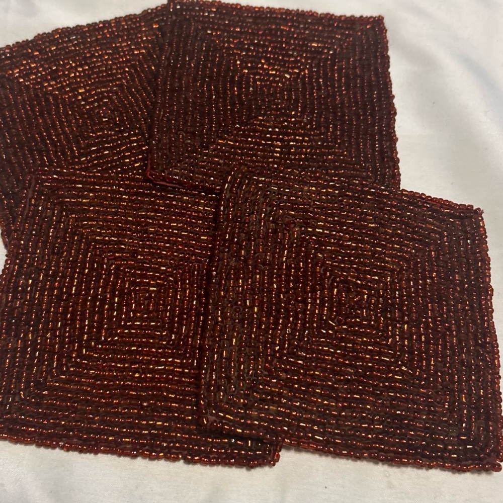4 Glass Bead Beaded Square Red Coasters 4" x 4" Preloved For Coffee Table Office